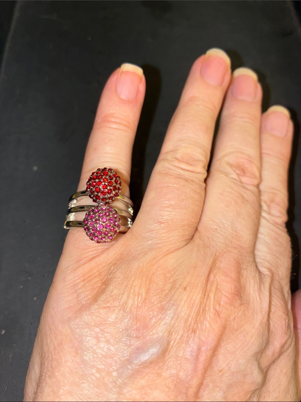 Double Orb Stretch Ring with Red and Pink Crystals
